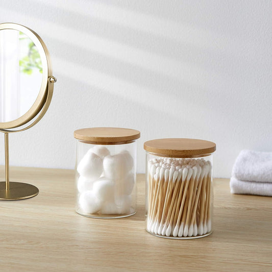 4 Pack Glass Qtip Holder Dispenser Glass Apothecary Jars with Lids Cotton Ball Swab Pad Holder Bathroom Essential Canisters Accessories Jars for Bathroom Organization Vanity Organizers