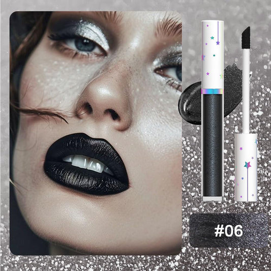 evpct 1Pcs Black Metallic Shimmer Glitter Lip Gloss Liquid Lipstick Long Lasting Waterproof 24, Glitter Pearlescent Metallic Sparkly Liquid Lipsticks Lip Stains Makeup Set for Women 06