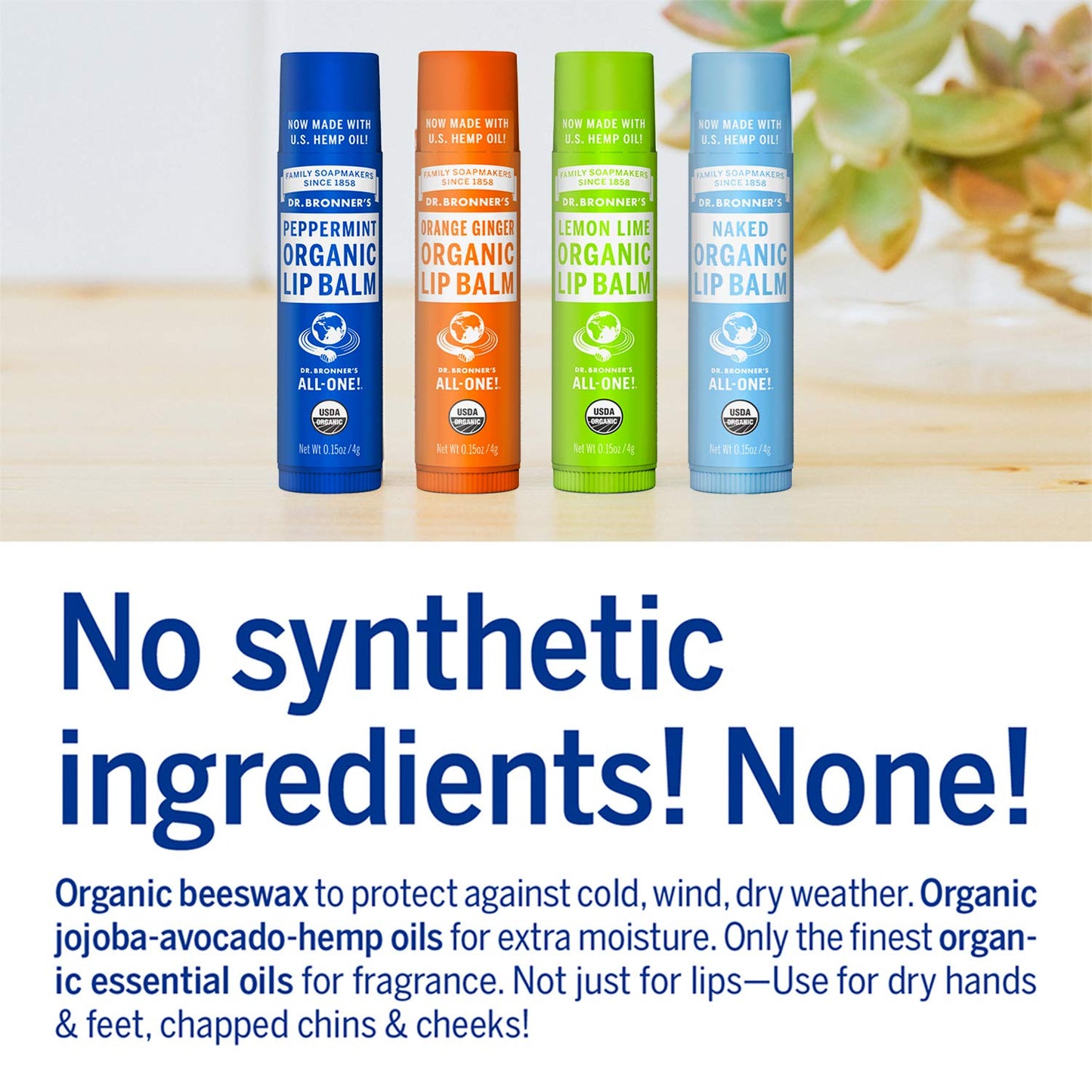 Dr. Bronner's - Organic Lip Balm Variety Peppermint, Orange Ginger, Naked, Lemon Lime) - Made with Organic Beeswax and Avocado Oil, For Dry Lips, Hands, Chin or Cheeks, 0.15 Ounce (Pack of 4)