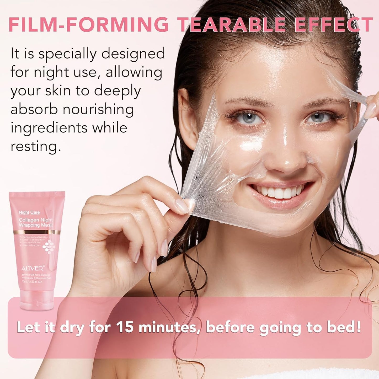 Collagen Overnight Wrapping Peel off Face Mask, Collagen Night Wrapping Mask, Elasticity & Hydration Care, Reduce Fine Lines & Dullness, Anti-aging Skin Care 2.53 fl.oz