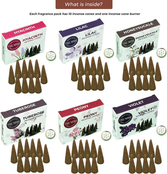 TRUMIRI Blossom Incense Cones - Variety Pack - Total 60 Cone Incense (6 Scents x 10 Conos) - Peony, Lilac, Violet, Honeysuckle, Hyacinth, Tuberose - Cone Incense Scents - Insense Cones - Incent Cone