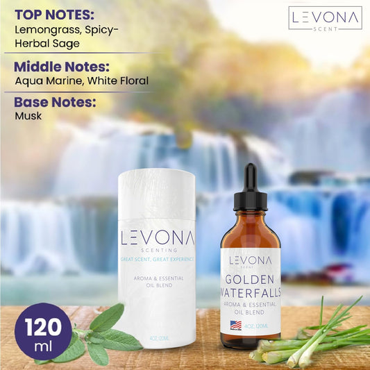 Levona Scent Essential Oils - Scents for Home, Hotel & Office Use - Perfect for Home Diffuser & Humidifiers - Aroma Fragrance Oil, Ideal for Massage, Relaxation, and Spa - Golden Waterfalls, 120ml