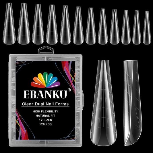 EBANKU 120Pcs Poly Extension Gel Dual Forms Clear Tips Set - Acrylic False Nails With 12 Sizes Square Stiletto Gel Forms Full Cover Reusable Molds