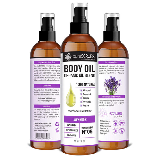 pureSCRUBS Ultra Moisturizing Lavender Body Oil Spray for Dry Skin, Massage, Cuticles & More, Organic Blend of Jojoba, Argan, Coconut, Sweet Almond & Avocado Oils Enriched with Vitamin E, Lg 4oz
