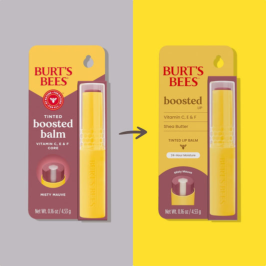 Burt’s Bees Tinted Boosted Balm, Misty Mauve, Hydrating Tinted Lip Balm with Vitamin C, E, and F Core, 24 Hour Lip Moisturizer with Responsibly Sourced Beeswax, 100% Natural Origin, 1 Count, 0.16oz