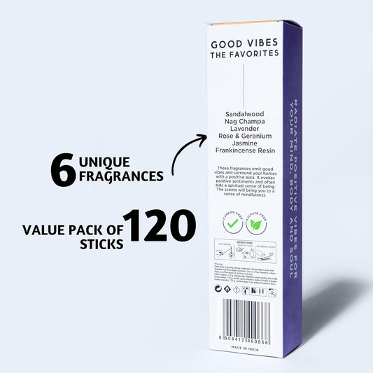 Folkulture Incense Sticks | Set of 6 (120 Non Toxic Insence-Sticks) with 45 Mins Burn Time | Lavender, Frankincense, Rose and Geranium, Jasmine, Sandalwood | Organic Nag Champa Inscents-Sticks
