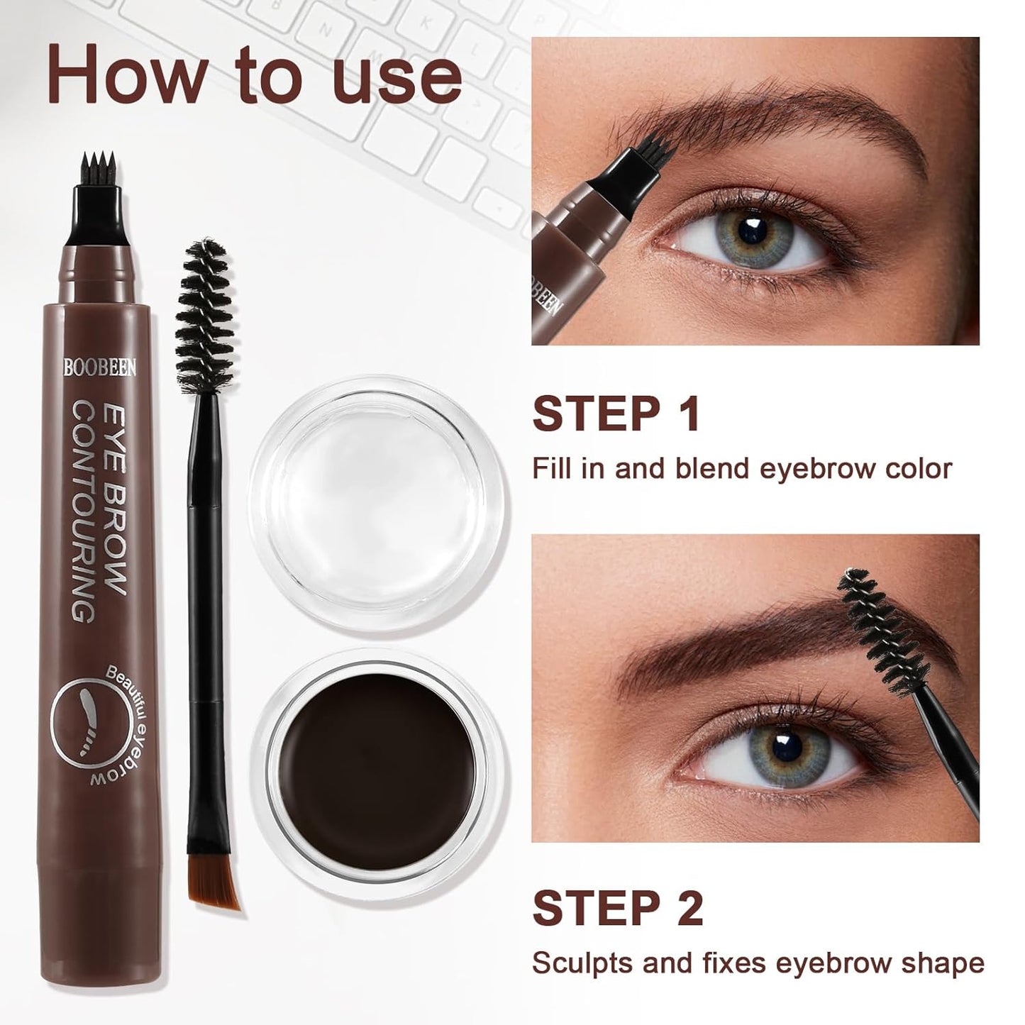 Boobeen Waterproof Eyebrow Pencil with Pomade, Brow Gel with Dual-ended Brush, Long-Lasting Natural Hair-Like Brows for All Skin Tones, Brown