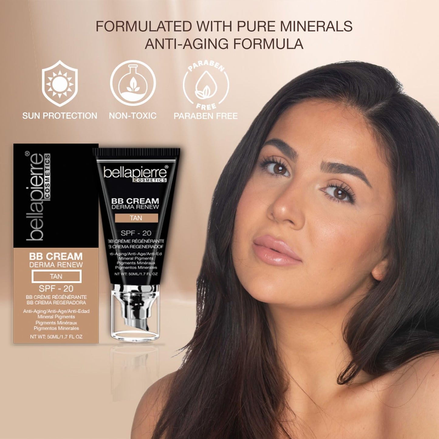 bellapierre BB Cream with SPF 20 - Tinted Sunscreen, Concealer, Matte Foundation, & Moisturizing Face Cream | Lightweight Formula + Pump Top Applicator | Non-Toxic & Paraben Free | 1.7 Oz - Medium