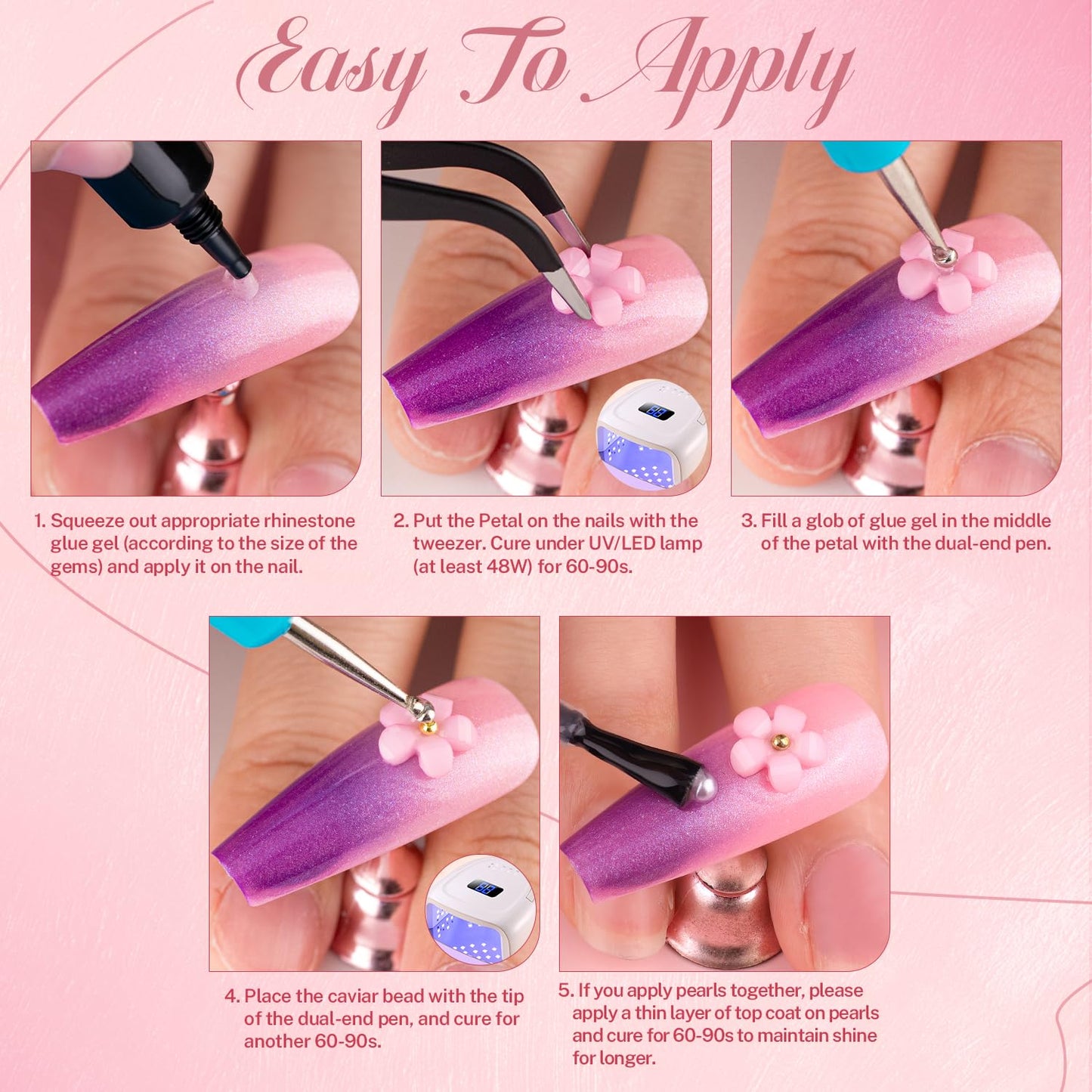 3D Nail Charms and Gems Set 5, 75PCS Chunky Coquette Pink and White Bow Nail Charms + Kawaii Cute 3D Flowers for Nails + Clear and AB Glass Rhinestones + Flatback Pearls for Y2K Acrylic Nail Design