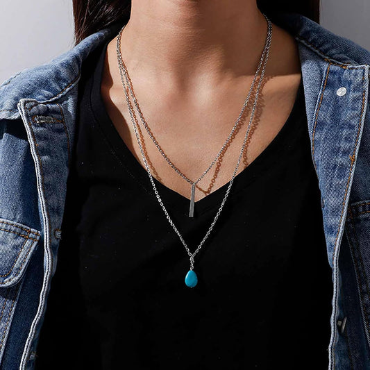 Boho Teardrop Turquoise Neckalce Layered Turquoise Pendant Neckalce Gold Bar Pendant Necklace Vintage Layering Turquoise Water drop Necklace Jewelry for Women and Girls