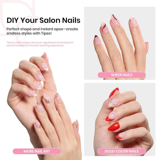 Beetles Tipex Instant Apex Nail Tips Kit, Almond Short, 224Pcs 16 Sizes, with Tipex UV Nail Glue Mini Nail Lamp,Pre-Building & Pre-Etched Thicker Acrylic Nails False Nail Extension