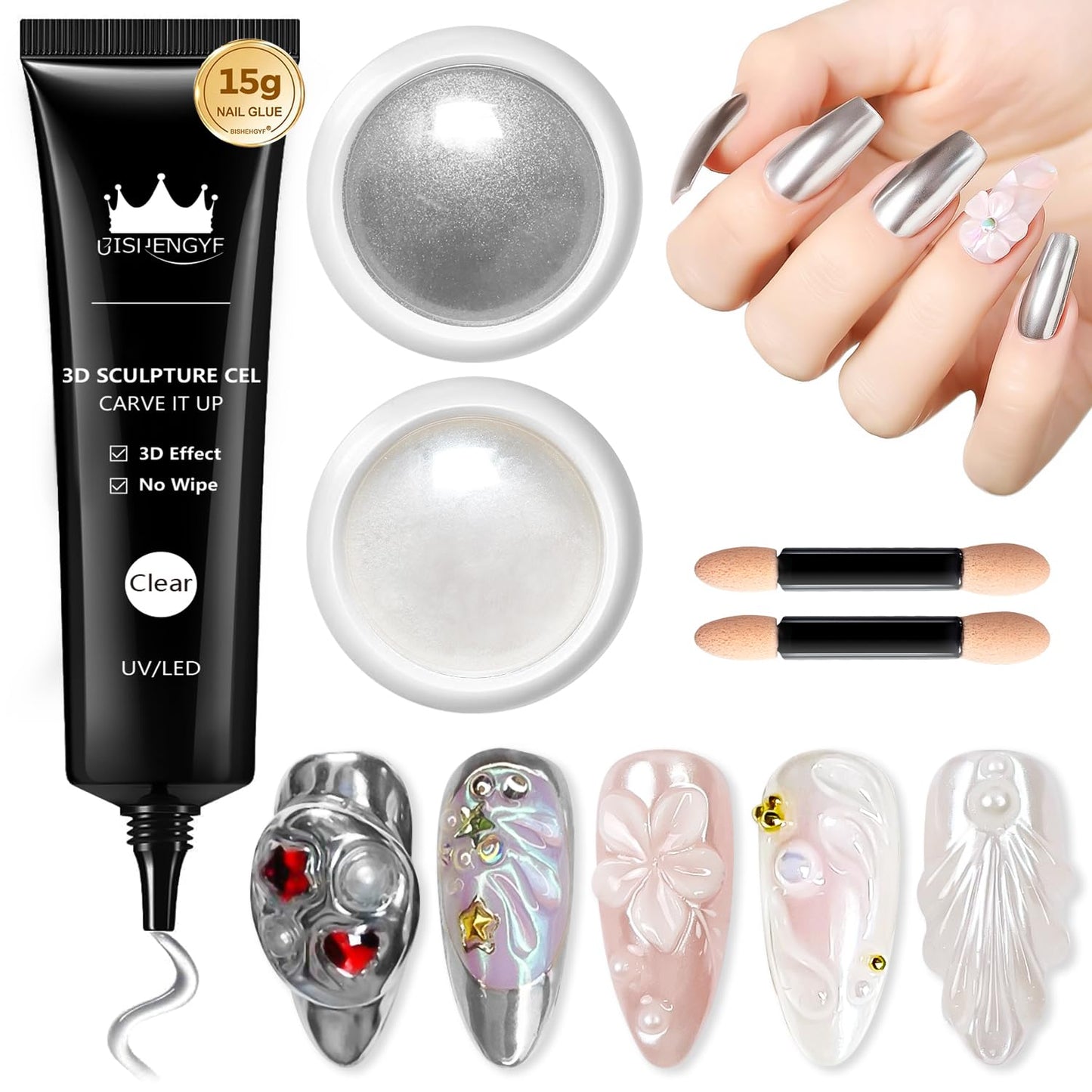 3D Gel Nail Art Design BISHENGYF - 15g Clear No Wipe Nail Polish Rhinestone Nail Art Glue with White Silver Chrome Powder Metallic Mermaid Effect Nail Powder for Nail DIY