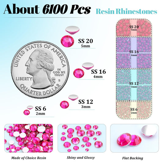 6100Pcs Resin Rhinestones for Crafting with 2Pcs 10ml B7000 Jewelry Glue, 1 Box Flatback Crystals Diamond (Hot Pink) for Bedazzling Crafts DIY Nail Art Non Hotfix Gems for Clothing Shoes