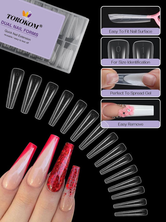 TOROKOM Nail Dual Forms for Poly Nail Gel, 150Pcs Coffin Extension Gel Nail Molds Clear Acrylic Nail Tips, Full Cover Reusable Nail Forms for Builder Nail Gel Nail Art Design Salon&DIY