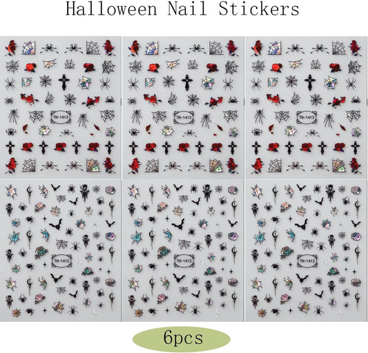 6 Sheets Halloween Nail Stickers Decals, 3D Spider Nail Sticker Decoration Self-Adhesive Colorful Red Rose Flowers Spider Web for Nails Stickers DIY Manicure Art Halloween Decoration