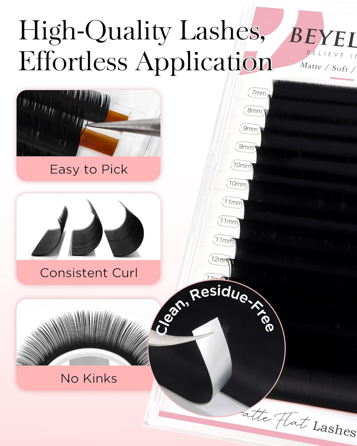 BEYELIAN Flat Eyelash Extension, Ellipse Lash Extensions 0.20 C Curl 11mm 16 Rows Matte Black Eyelash Extension Supplies Classic Lash Extensions Individual Eyelashes Salon Use