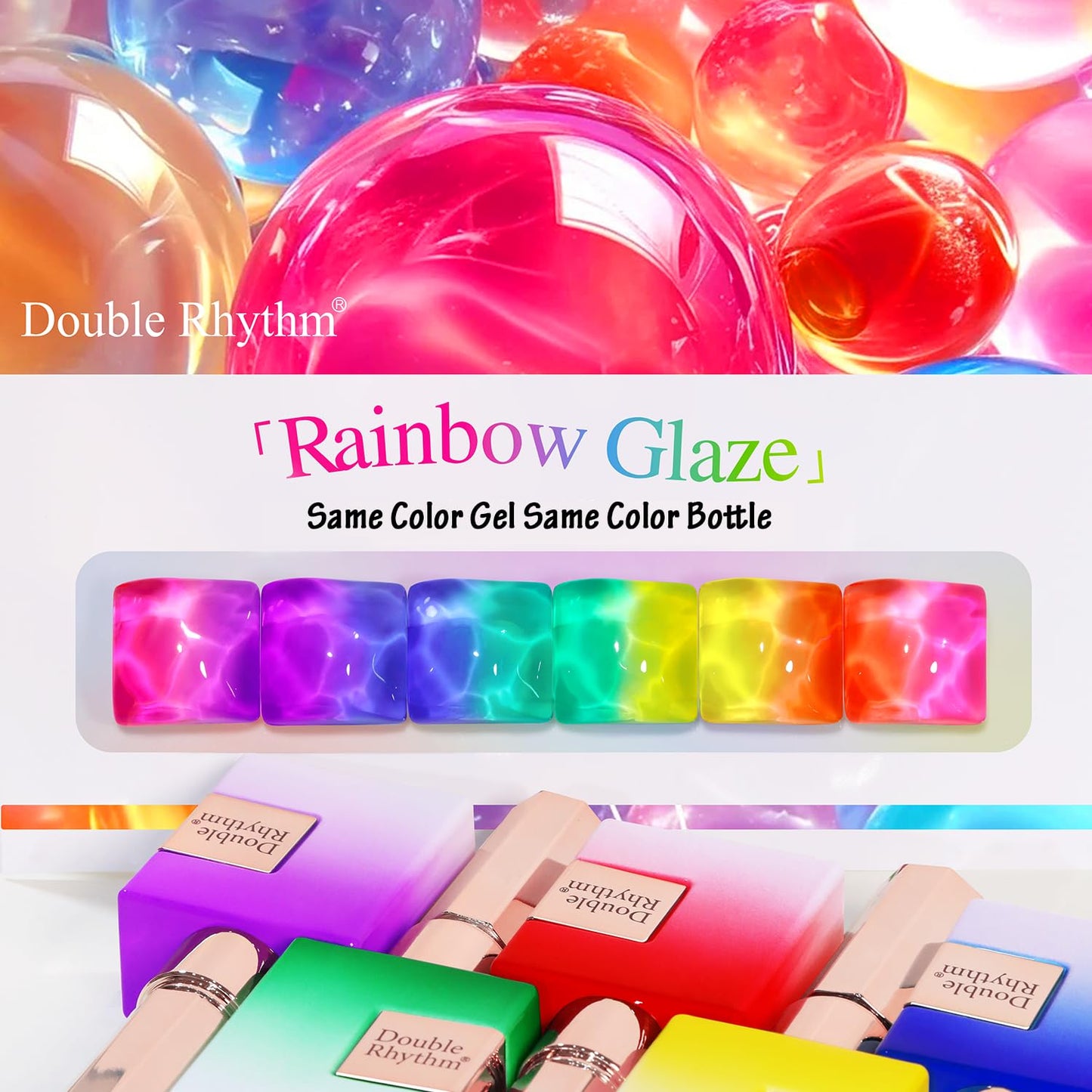 Double Rhythm 6 Pcs 15 ML Gel Polish Set Same Color Same Bottle Soak Off Jelly Neon Gel Polish Kit Nail Art Manicure Salon DIY at Home (Pink Purple Blue Green Yellow Green-T6-50)