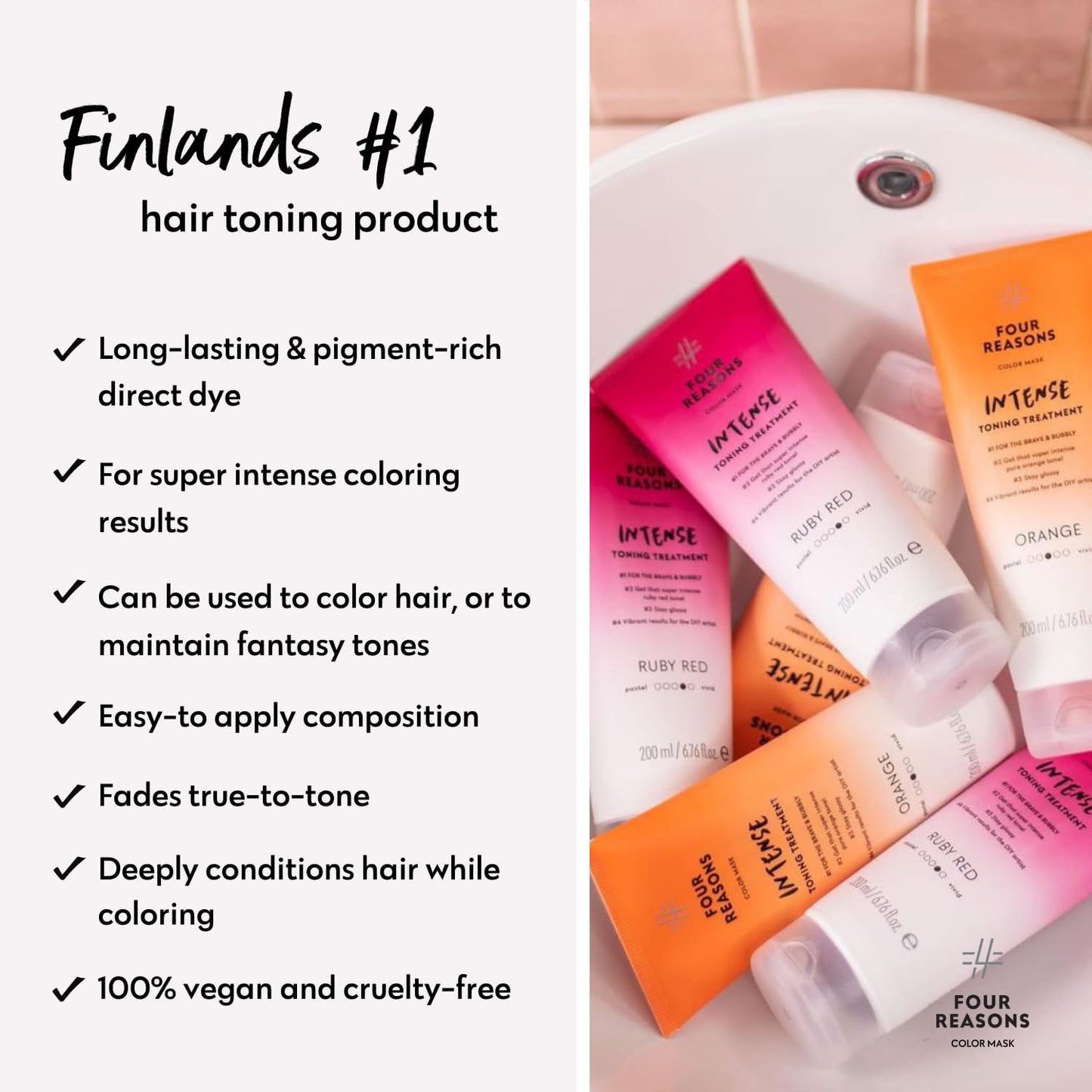 FOUR REASONS Color Mask INTENSE- Ruby Red, 6.76 fl oz - Semi Permanent Hair Dye for Lightened and Colored Hair, 100% Vegan Conditioner - Intensive Toning Treatment with 27 Colors - Cruelty Free