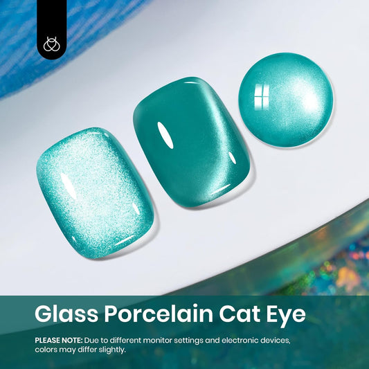 Beetles Green Cat Eye Gel Nail Polish - 15M Green Glass Cat Eye Gel Polish with Magnet Shimmer Translucent Sheer Color Soak Off UV Teal Radiance Series French Nail Art Gift for Women