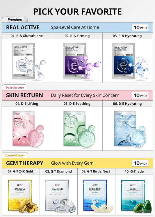 SNP Real Active Glutathione Ampoule Sheet Mask | Vegan Face Mask with Glutathione & Niacinamide | Revitalizing and Balancing for All Skin Types | Korean Face Masks Skincare | 10 Sheets