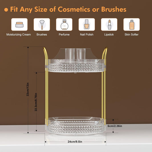 Awenia Rotating Makeup Organizer 360, Stackable Adjustable Large Capacity Cosmetic Storage Unit,Dresser Bathroom Kitchen Countertop Organizer with Metal Handle, Plus Size (Clear, 2 Tier)