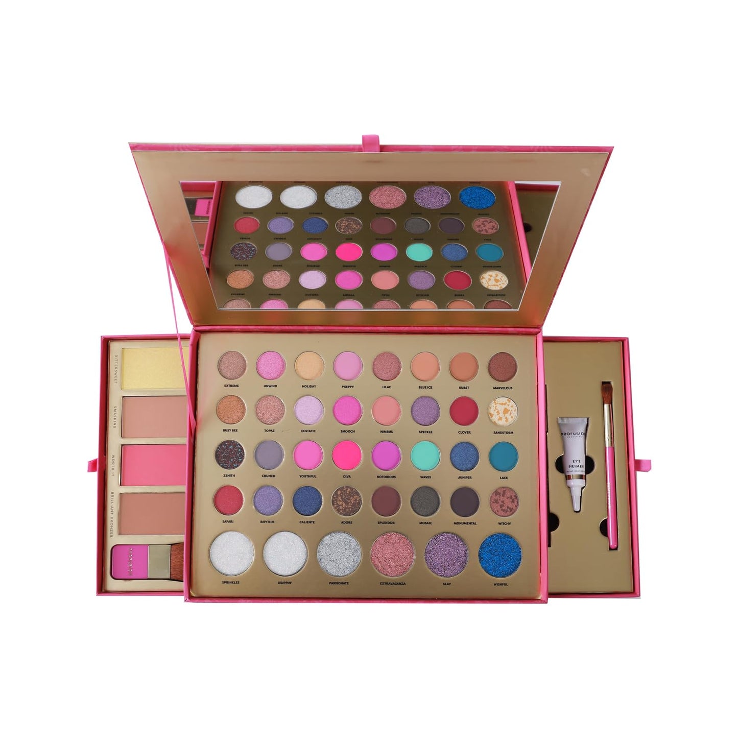 Profusion Cosmetics Sweet Holiday Festive Glam 46 Piece Eye and Face Essentials for Holiday Sparkle, Ultimate Holiday Glam Set With Highlighter, Blush, Contour, and More
