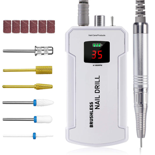 Professional Nail Drill Machine, IMENE 35,000RPM Portable Brushless Nail Drill Rechargeable E-File Nail Drill Perfect for Acrylic, Gel, Natural Nails（White）