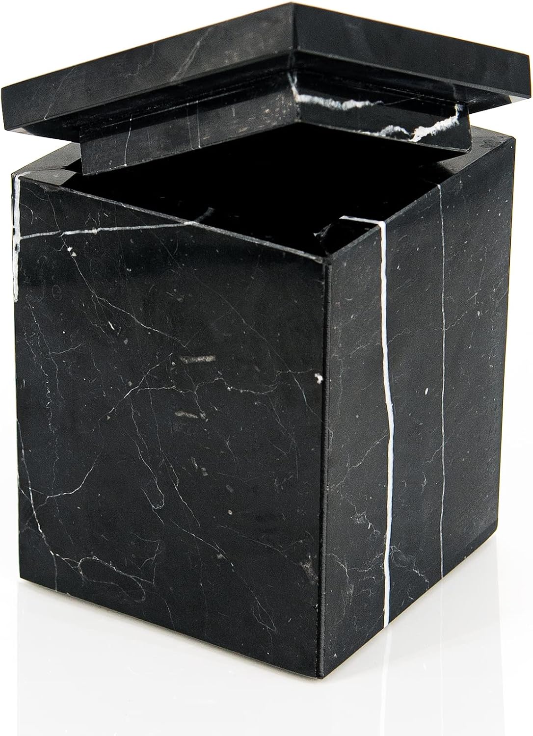 WORHE Marble Canister Natural Stone Qtip Holder with Lid Square Bathroom Vanity Organizer for Makeup Sponge Coffee Bean Dispenser Storage Jar Case for Home Decor Black (DLB202)