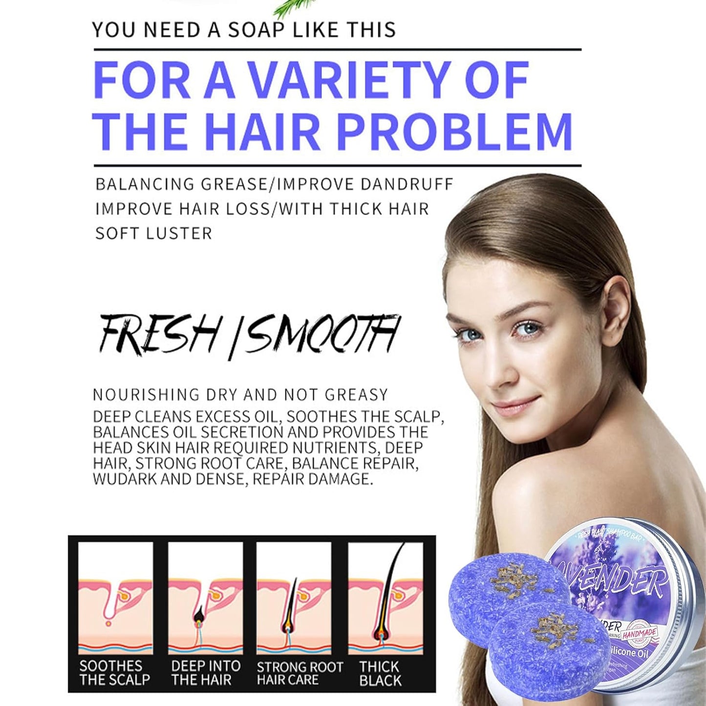 2PCS Shampoo Bar for Gray Hair, Lavender Shampoo Bar for Gray Hair, Natural Organics Shampoo and Conditioner Barfor Thinning Hair for Men & Women (Lavender)