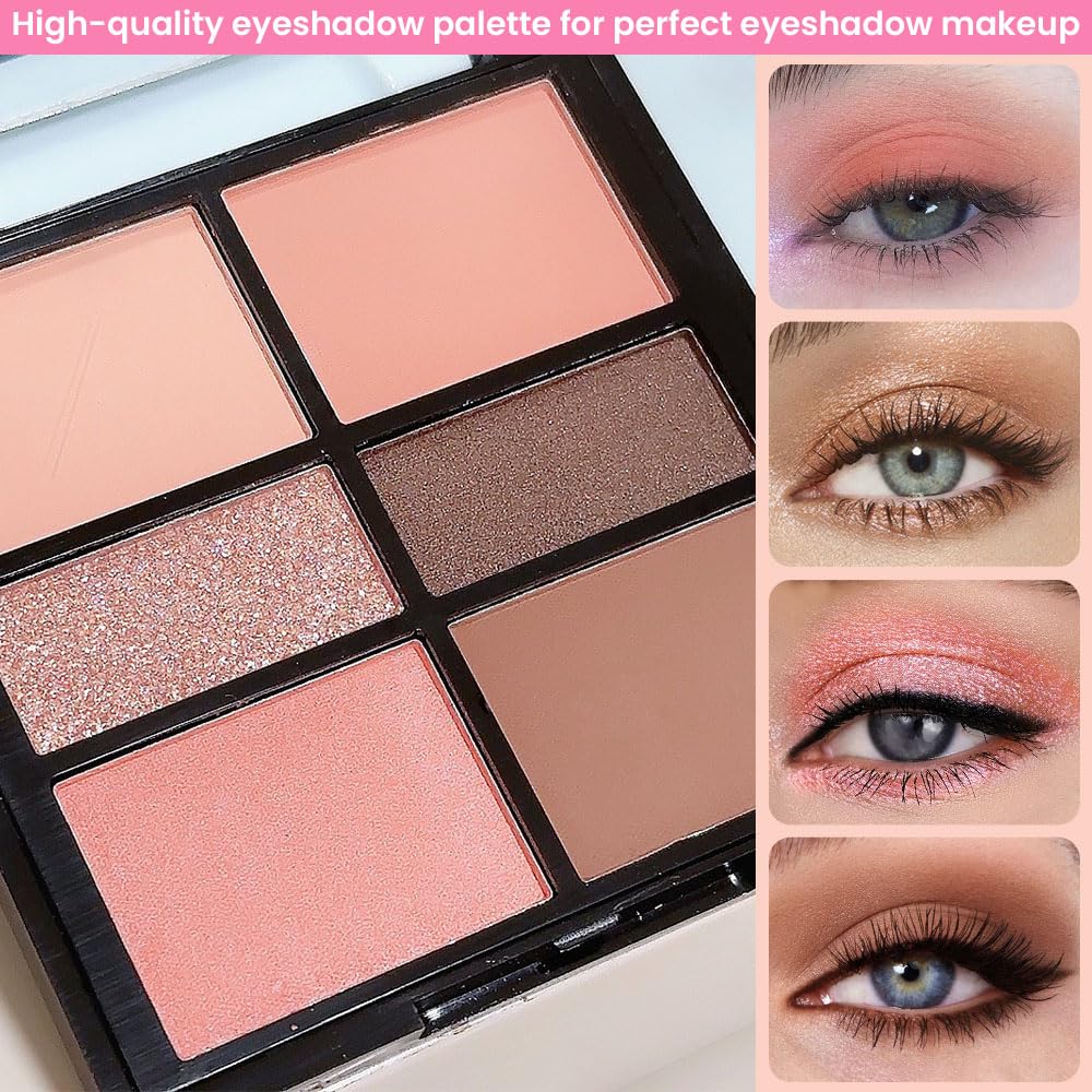 6-Color Eyeshadow Palette Makeup,Velvety Matte & Shimmer Eyeshadow Blend,Warm Peach & Rose Gold Tones Eye Makeup, Long-Lasting Naturing-Looking,Built-In Mirror#02