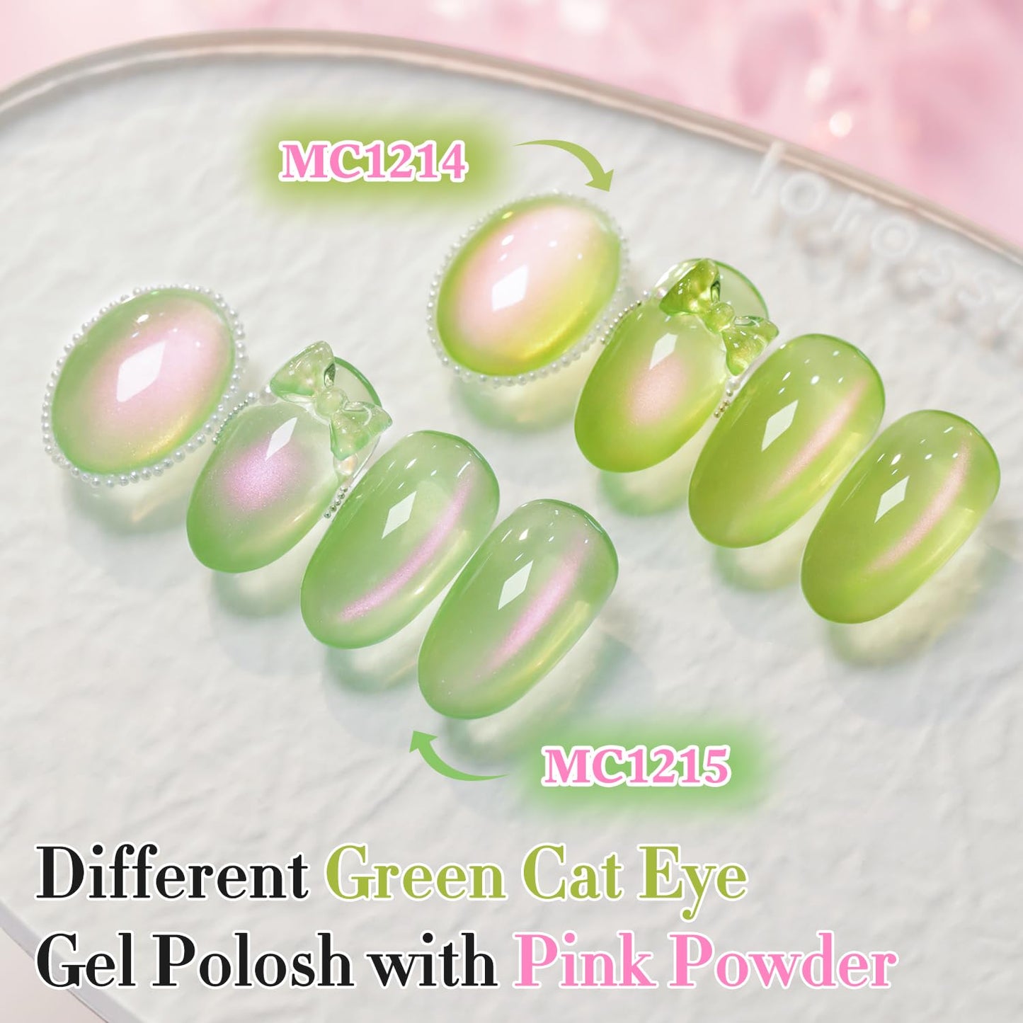 Double Rhythm 0.5 OZ Cat Eye Gel Polish with Magnet 15ML Holographic Glitter Shimmer Translucent Jelly Color Magnetic Nail Polish Salon DIY at Home (Green Pink-MC1214)