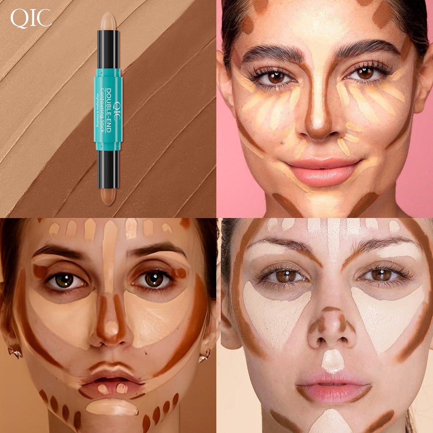 2-in-1 Contour & Highlighter Stick - Dual-Ended, Waterproof, Long-Lasting, for All Skin Tones (02# Lotus root Pink + Coffee)