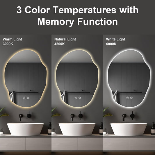 Irregular LED Bathroom Mirror with Lights,Asymmetrical Led Bathroom Vanity Mirror for Wall with Front and Backlit, Anti Fog, 3 Colors and Dimmable Light,[Horizontal/Vertical] 30" H x 22" W