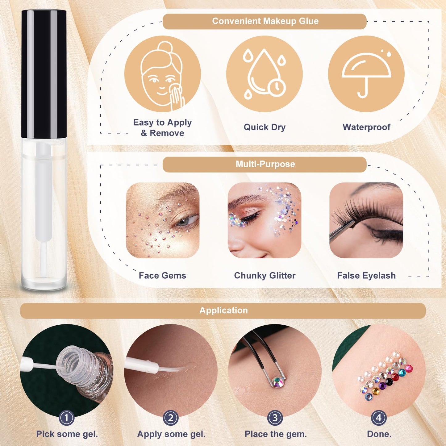 Colorful Face Gems for Makeup Set, Flatback Gorgeous AB Glass Gem, Mixed-Colored Crystals with Makeup Glue+Picker Pencil+Tweezer+Dual-End Dotting Tool for Eye Body Hair Make-up and Nail Art Deco