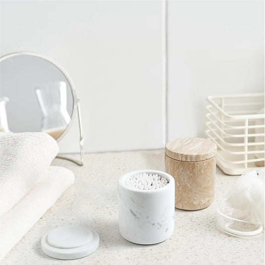 WORHE Marble Qtip Holder with Lid Natural Cotton Ball Container for Cotton Swabs,Makeup Sponges,Bath Salt Large Capacity Bathroom Canisters Jars for Countertop Storage and Organization White (WH051)