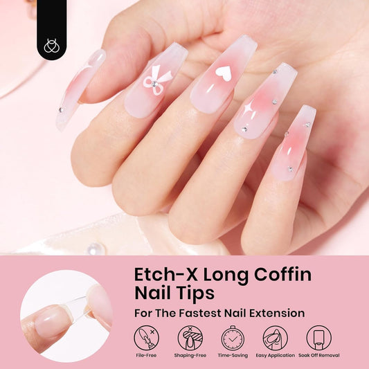 Beetles Coffin Long Gel Nail Tips –Pre-Etched Half Matte Full Cover, 288 Pieces, Pre-Shaped in 12 Sizes for Press-On Extensions
