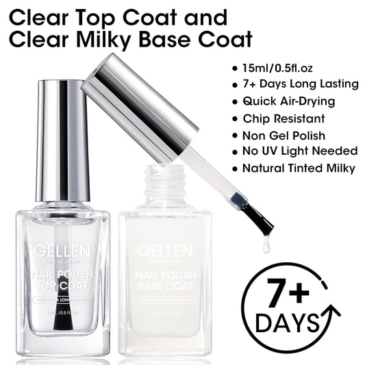 GELLEN Clear Nail Polish Base and Top Coat, Shine No Wipe Top Coat and Tinted Milky White Sheer Base Coat Strengthens Nails - Calcium, Quick Dry Regular Nail Polish, Not UV Gel, Hema Free, Non-toxic