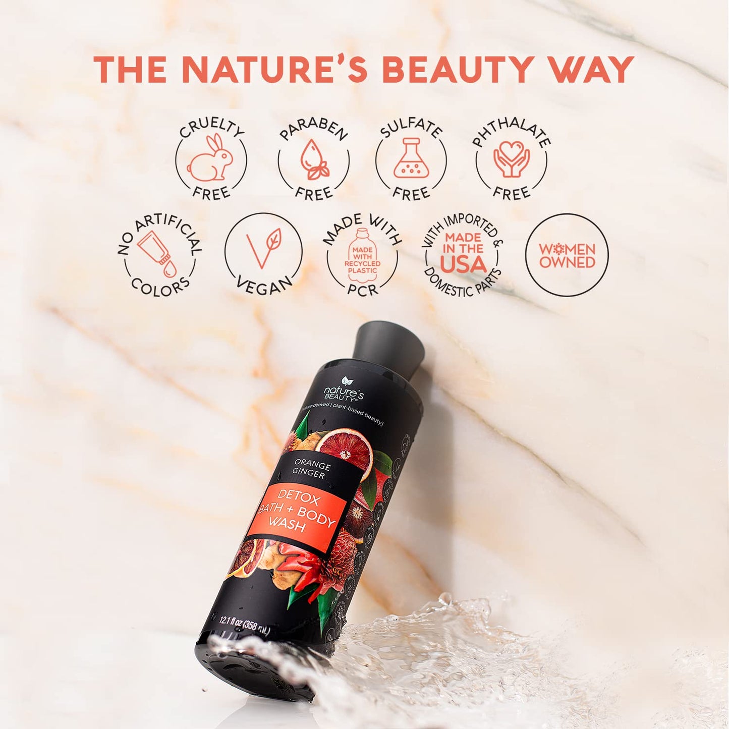 Nature's Beauty Orange Ginger Detox Body Wash Multi-Pack - Gentle Bath + Body Cleanser, Improve Skin Tone + Texture Made w/Vitamin C, Sunflower + Almond + Avocado Oils, 12 fl oz (2 Pack)