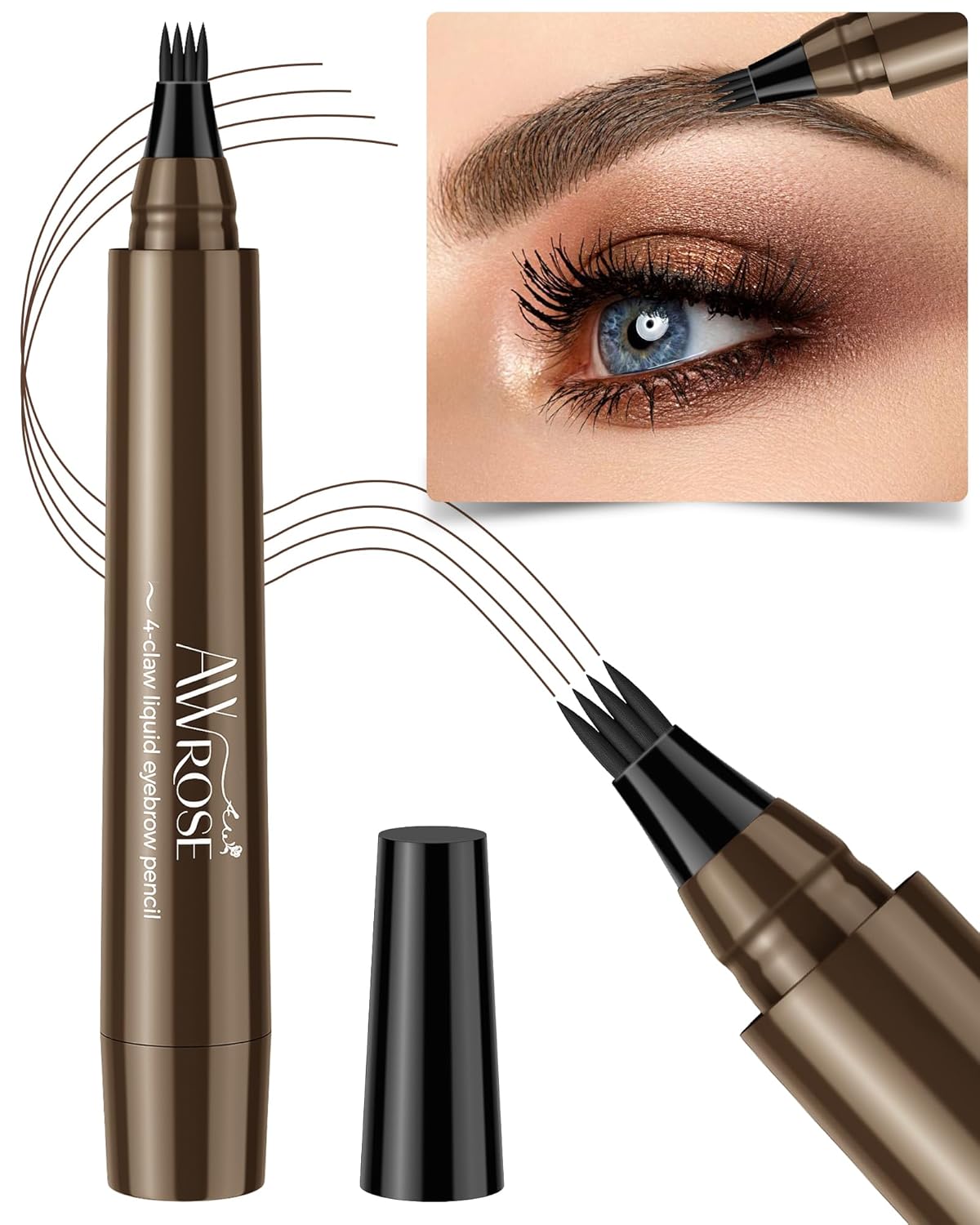 AWROSE Eyebrow Pencil, 3D Waterproof Microblading Eyebrow Pen 4 Fork Tip Tattoo Pencil, Precise Natural Magic Eye Brow Pen with Hair Like Strokes, 4 Points Multi-Used Eye Brow Pencils for Women/Men