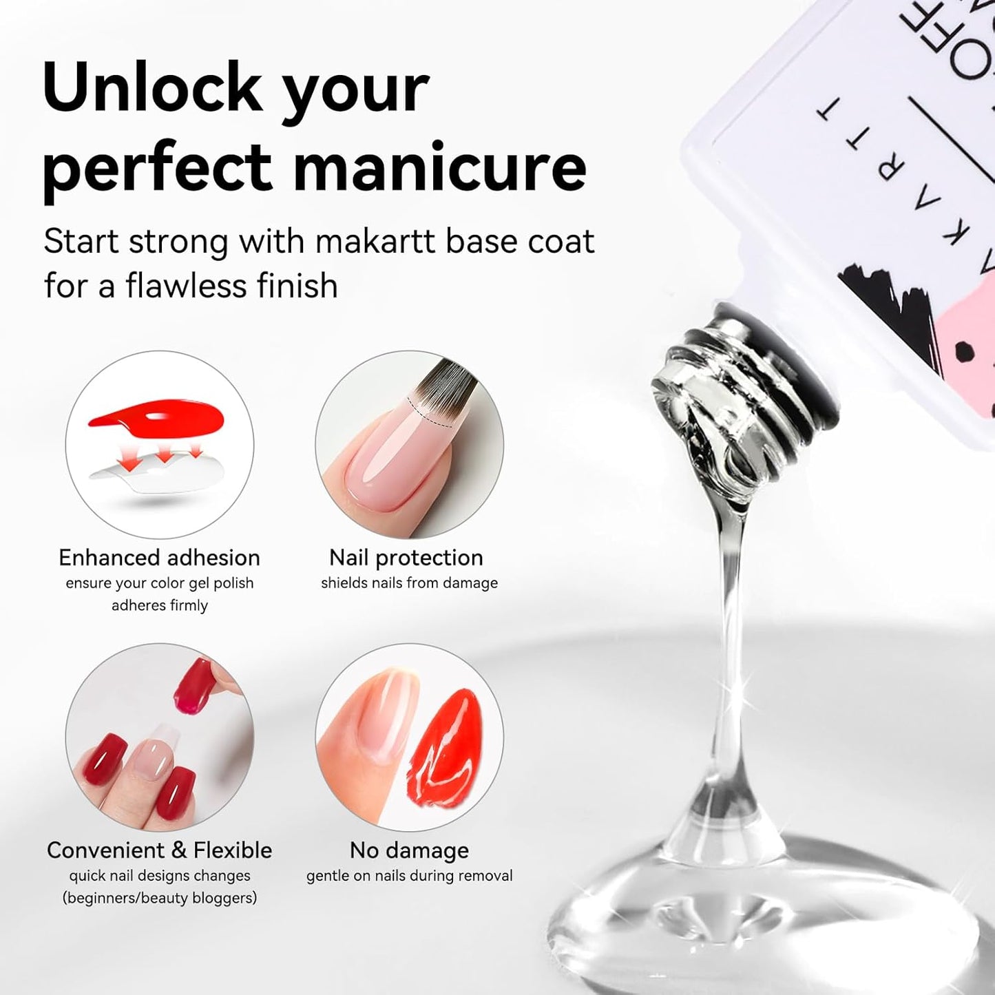 Makartt 15ml No Wipe Gel Top Coat and Peel Off Base Coat Set - 2Pcs Shine Finish Long Lasting No Filing Soak Off Clear Top Base Gel, UV LED Nail Lamp Required, for Women Nail Art DIY