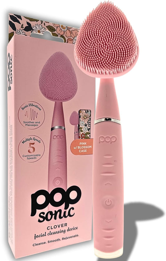 Clover Facial Cleansing Device Pink Silicone Facial Cleaner & Exfoliator w/ 8000 Vibrations Per Minute, 5 Speeds, USB Rechargeable Face Cleaning Scrubber & Cleansing Brush with Case