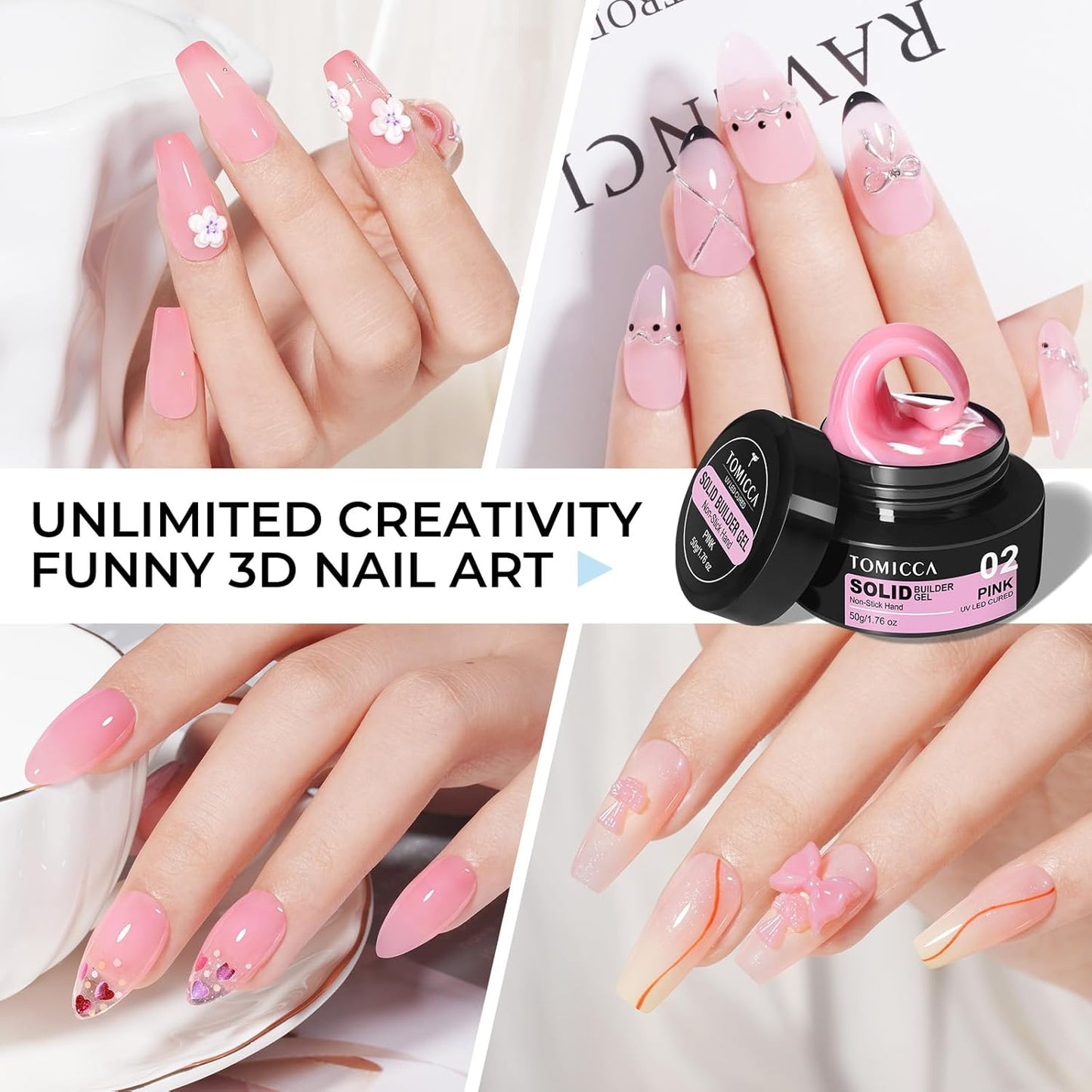 TOMICCA Hard Gel 3D Gel Nail Art Solid Builder Gel for Nails 50g 3D Nail Gel Sculpting Gel for Nail Art Non-Sticky Hand Hard Gel Carving Gel Nail Glue Extension Gel Pink