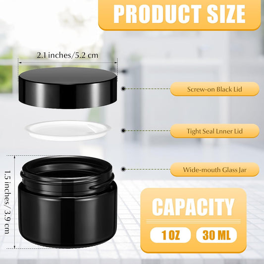Domensi 100 Pcs 1 oz Glass Jars with Lids Bulk Round Glass Cosmetic Jars Lids 1 oz Small Travel Containers with Inner Liner for Lotions Powders Ointments Sample Cream(Black,Black)