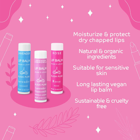 Floral Lip Balm Collection, Vegan Set, Beeswax Free, with Organic Jojoba and Avocado Oil, Vitamin E, Natural Moisturizer for Dry, Chapped or Cracked Lips, 3 Tube Set