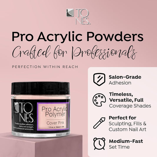 Tones Pro Acrylic Nail Powder, Cover Pink (Soft Nude Pink), (1.5 Fl Oz) - Long-Lasting & Non-Yellowing Polymer for Salon Quality Nail Extensions & 3D Art