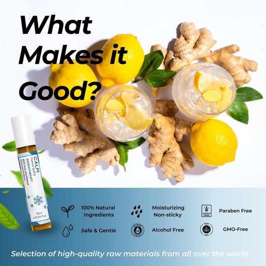 Benatu Calm Essential Oil Roll On Blend (with Ginger, Patchouli, Lemon Oil), Travel Size Relaxing Roller for Body Topical Massage, Natural Scent Aromatherapy Gift for Women & Men 10ml