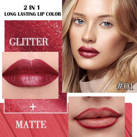 Kaely 2-in-1 Dark Red Metallic Lipstick and Lip Liner, Shimmer Liquid Metallic Lipsticks for Women, Glitter Lip Gloss Stain Long Lasting Waterproof Smudge Proof 24 Hour, Vegan Makeup, 01