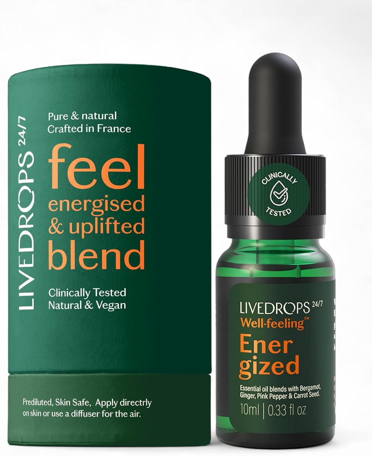Livedrops 24/7 Energized Essential Oil Blend - Bergamot, Ginger, Pink Pepper - Natural Aromatherapy for Energy & Focus - Skin-Safe & Diffuser-Ready - Clinically Tested - Crafted in France
