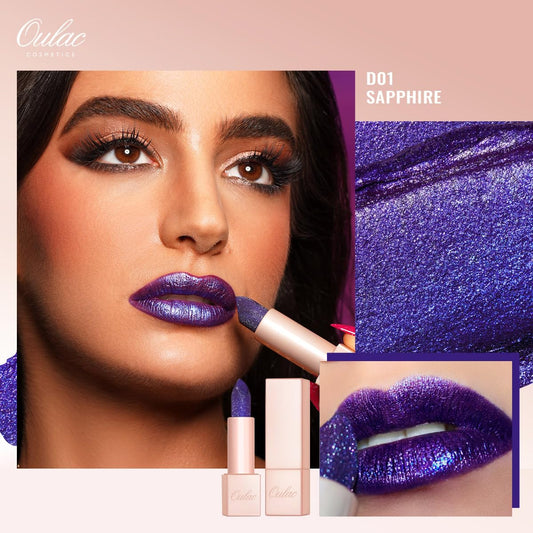 Oulac Blue Purple Glitter Lipstick, Infinity High Shine Finish, Hydrating Lip Color Infused with Damask Rose Oil for All-Day Comfort, Gluten-Free Vegan Beauty, D01 Sapphire