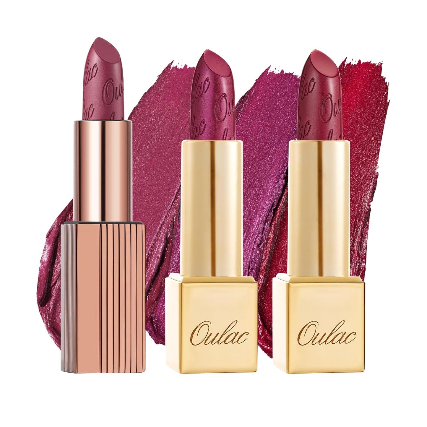 Oulac Metallic Puple Lipstick Set 3PCS, Comfortable Creamy Texture, Smooth No Grainy Feeling, Vegan & Gluten Free, Full-Coverage Lip Makeup, 3 X 4.3 g, 606+04+14